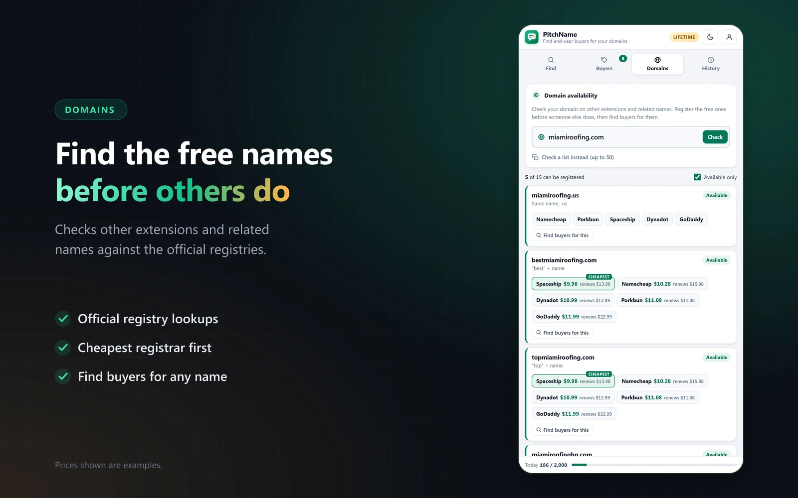 PitchName domain availability checker with registrar options