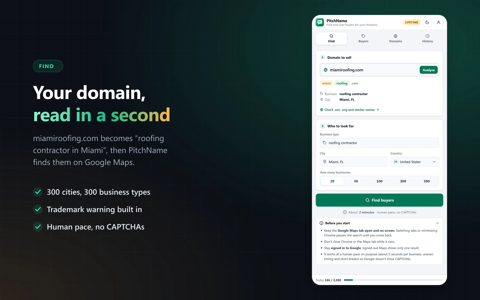 PitchName reading a domain into business type and city